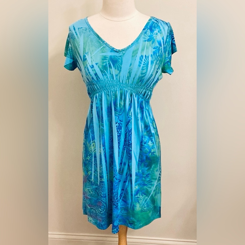 Apt. 9 Blue Turquoise Green Tropical Print PM Island Boho Chic Studded Dress